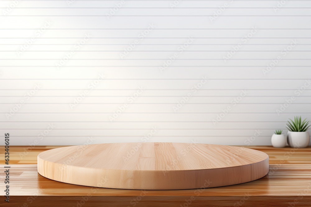 Aufkleber a round wooden table top counter is empty and beautiful in a clean and brightly lit interior. it has