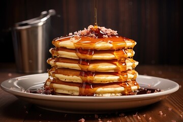 stack of freshly made pancakes with syrup drizzle - Powered by Adobe