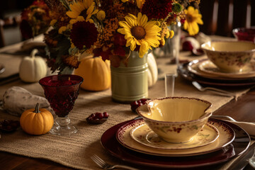 Elegant dining table with floral arrangement and glassware