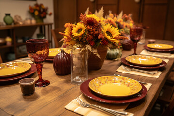 Elegant dining table with floral arrangement and glassware