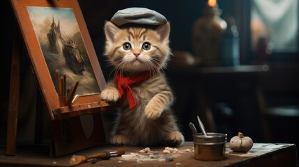 Fototapeta na wymiar A kitten artist with a tiny beret, painting in front of an easel