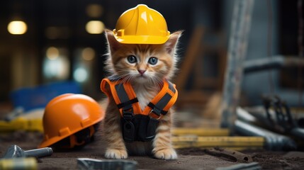 A kitten dressed as a builder at a construction site with safety helmet