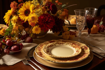 Elegant dining table with floral arrangement and glassware