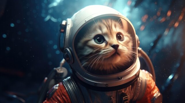 A kitten astronaut, in a space suit