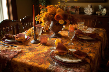 Elegant dining table with floral arrangement and glassware