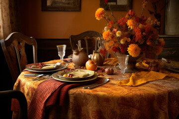 Elegant dining table with floral arrangement and glassware