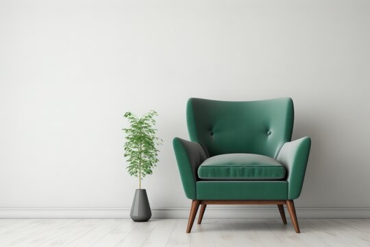 A rendering showcases a green velvet armchair placed against a blank white interior background in a Mockup Of living room wall.