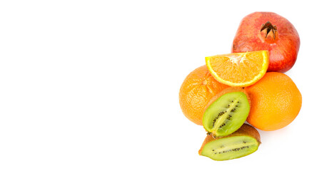 Citrus fruits isolated on white. Wide photo. Free space for text.