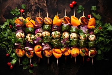 top view of grilled vegetables on a skewer