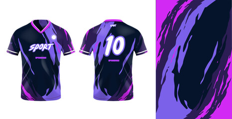 Tshirt mockup sport jersey template design for football soccer, racing, gaming, sports jersey abstract design purple color - obrazy, fototapety, plakaty