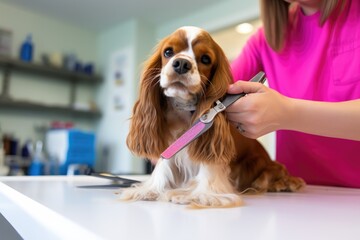 paw trimming with specialized dog nail clippers - obrazy, fototapety, plakaty