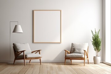 A rendering of a minimalist modern interior serves as the backdrop for a mockup poster frame.