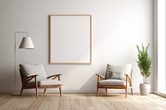 A rendering of a minimalist modern interior serves as the backdrop for a mockup poster frame.