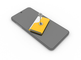 3D illustration Key on locked yellow folder on mobile phone