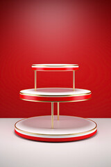 Red and white Christmas podium or pedestal for display product in a stage showcase plataform in the center of the image with three floors.