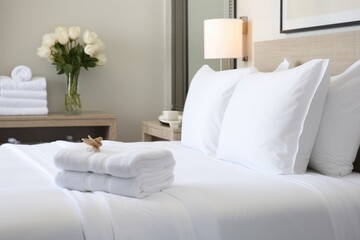 crisp white hotel-style bed with folded towels