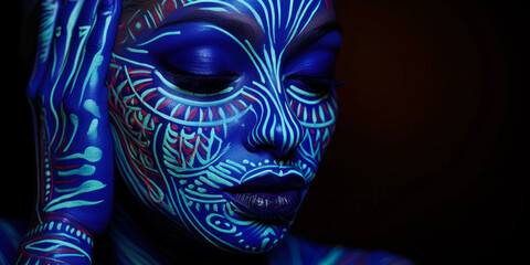 UV Body Art: Portrait of Woman with Ethnic Pattern and Neon Makeup