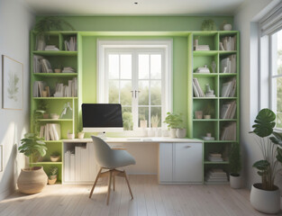 Fototapeta na wymiar A workspace with green bookshelf and a computer AI generate