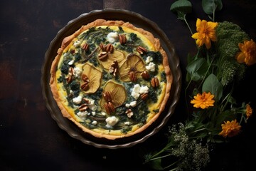 top view of a spinach and feta quiche, garnished