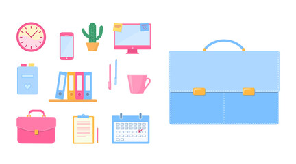 Fototapeta premium Set of briefcases and office accessories. Clipart. Business concept. Cartoon flat style. Vector illustration