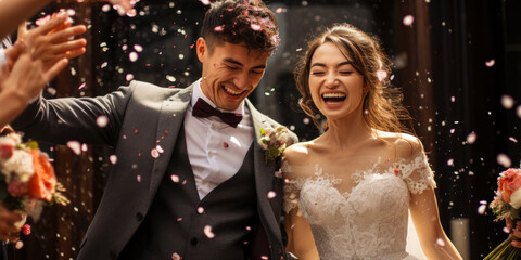 Obraz na płótnie Canvas The Joy of a Wedding Ceremony: A Couple Sprinkled with Rice and Grain
