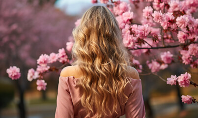 Naklejka premium The Elegance of a Young Woman with Long Blonde Hair in Bloom