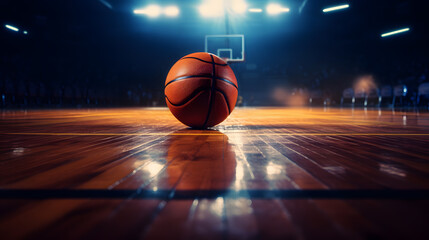 A basketball on a shiny polished floor.