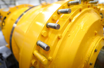Unrecognizable yellow row part of some machine or station closeup. Deep water bathyscaphe or...