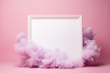 white picture frame with blank canvas with pink smoke on a pink background,
