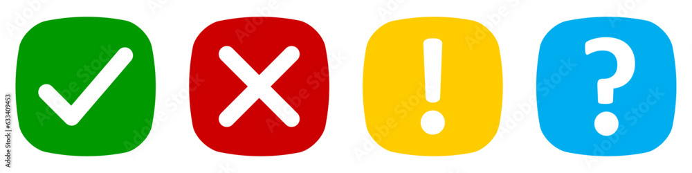 Poster vector set of flat rounded square check mark, x mark exclamation point and question mark. checkmark,