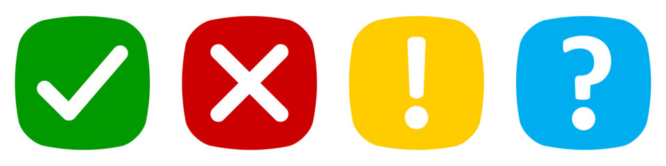 Obraz premium Vector set of flat rounded square check mark, X mark exclamation point and question mark. Checkmark, exclamation, X and question mark icon. Vector illustrator in color green, yellow, red and blue.