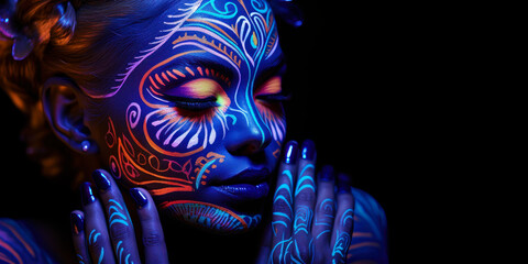 A Woman's Beauty Enhanced by Neon Makeup in Ultraviolet Light