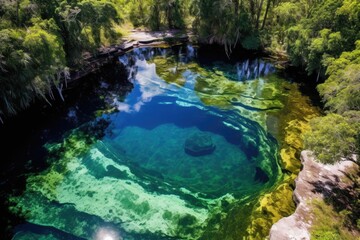 aerial view of a crystal clear natural pool surrounded by lush greenery