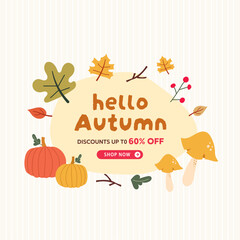 hello autumn season sale banner with autumn elements. illustration, vector, shopping, flash sale and big sale