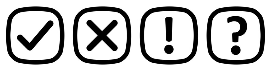 Vector set of flat rounded square check, X mark exclamation point and question mark icon. Checkmark, exclamation, X mark and question mark icon. Premium vector illustrations in black outline color.