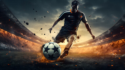 Epic moment of a soccer player kicking a ball