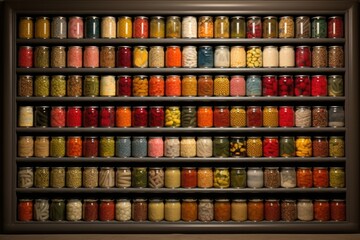 rows of canned goods organized by type - obrazy, fototapety, plakaty