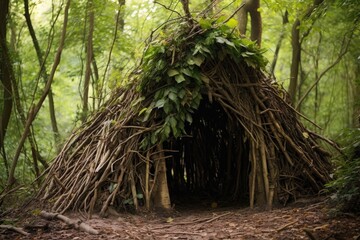 handmade shelter made from sticks and foliage