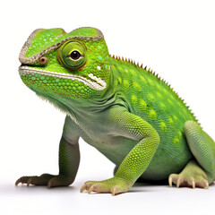 A vibrant green lizard against a clean white backdrop
