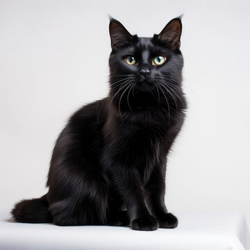 A black cat sitting on a white surface