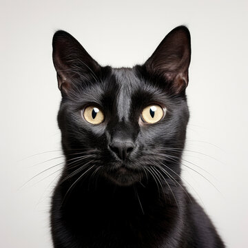 A curious black cat looking directly at the camera