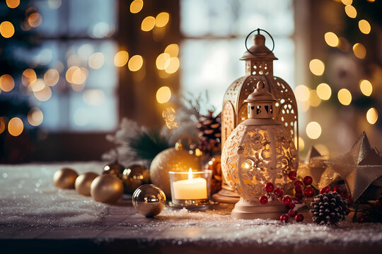 Weihnachtliche Dekoration auf Tisch mit Kerzen und Laterne erstellt mit generativer KI