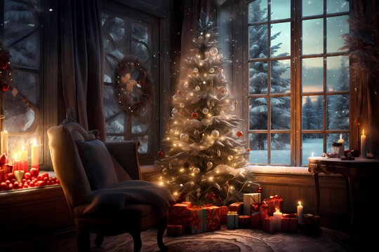 Christbaum in geschmücktem, behaglichen Wohnzimmer mit Blick durchs Fenster nach draußen Weihnachtliche Dekoration auf Tisch mit Kerzen und Laterne erstellt mit generativer KI