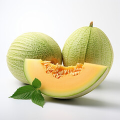 A sliced melon with a leaf garnish