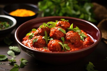 vegan meatballs in tomato sauce close-up - obrazy, fototapety, plakaty