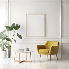 Rectangular vertical frame mockup in scandinavian style interior with white and yellow flowers on empty neutral white wall background, shelf. 3d illustration