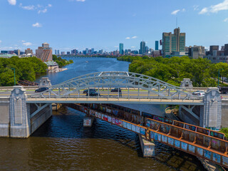 Boston University Bridge aerial view across Charles River connects Cambridge and Boston,...