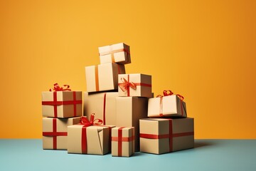 Gift boxes with gold ribbon. Generative AI.