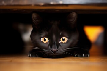 A cute black cat peeks out from under the table. Generative AI.