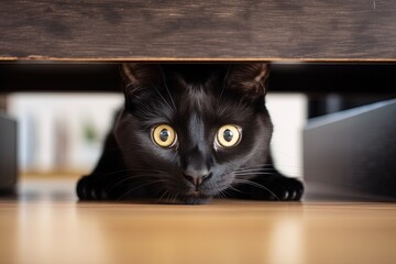 A cute black cat peeks out from under the table. Generative AI.